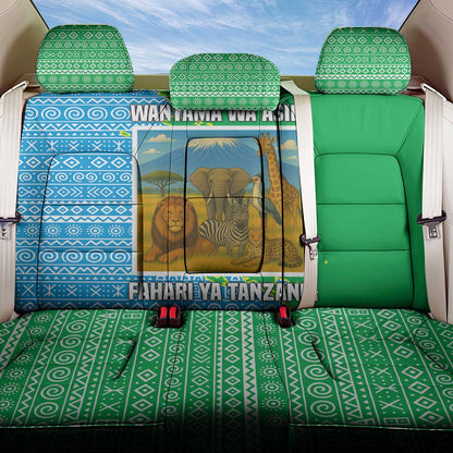 Tanzania Wildlife Back Car Seat Cover - Tribal Print and Mount Kilimanjaro Safari Scene