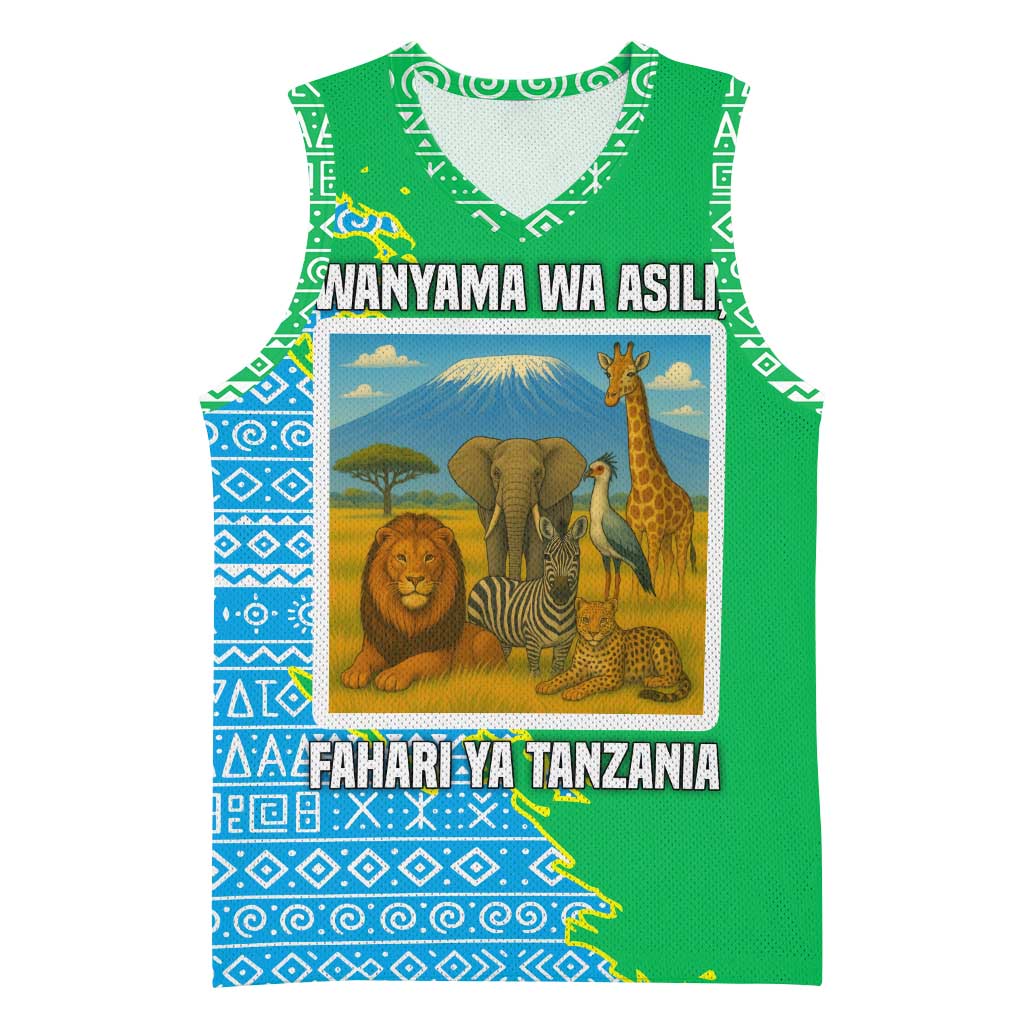 Tanzania Wildlife Basketball Jersey - Tribal Print and Mount Kilimanjaro Safari Scene TS04