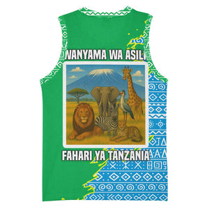 Tanzania Wildlife Basketball Jersey - Tribal Print and Mount Kilimanjaro Safari Scene TS04
