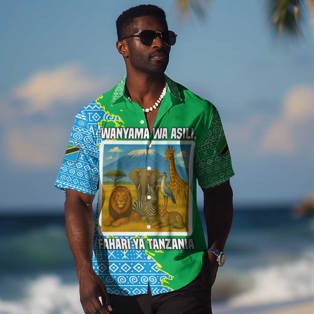 Tanzania Wildlife Hawaiian Shirt - Tribal Print and Mount Kilimanjaro Safari Scene