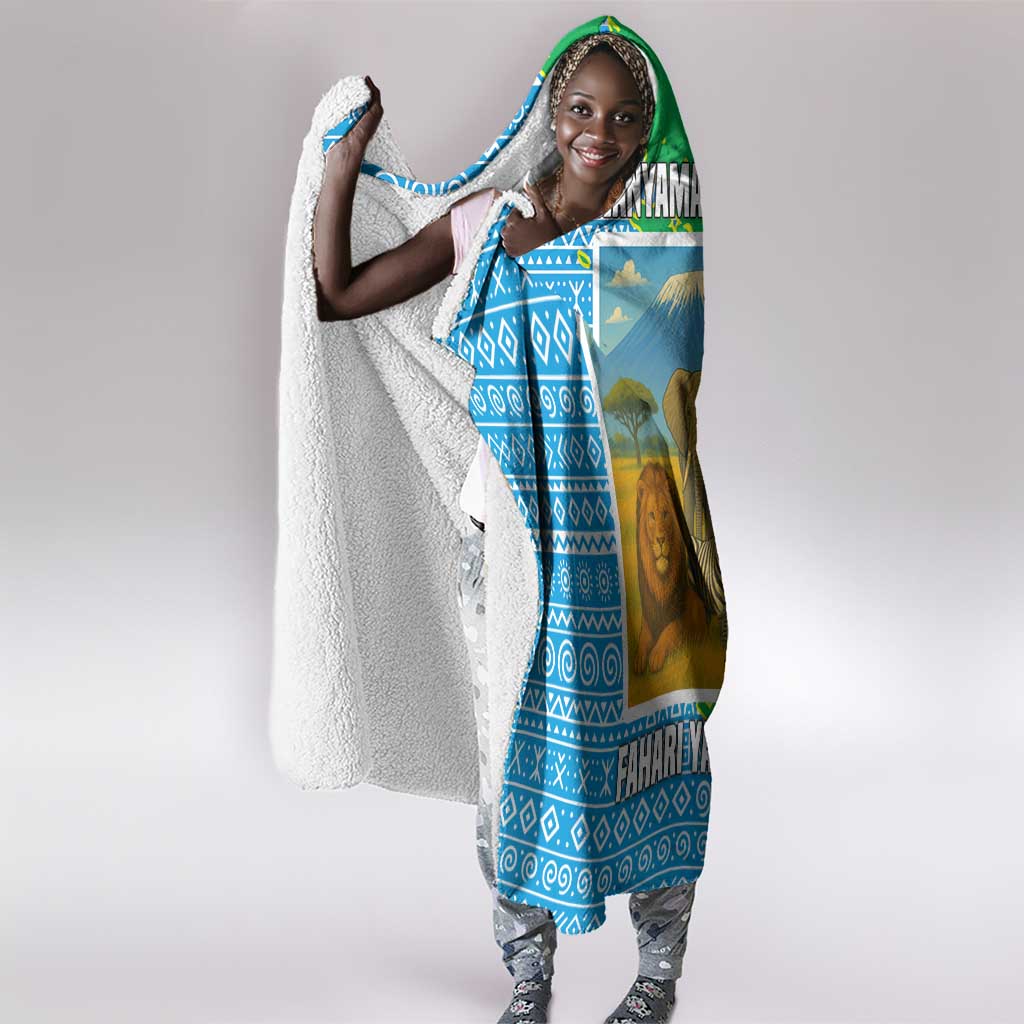 Tanzania Wildlife Hooded Blanket - Tribal Print and Mount Kilimanjaro Safari Scene