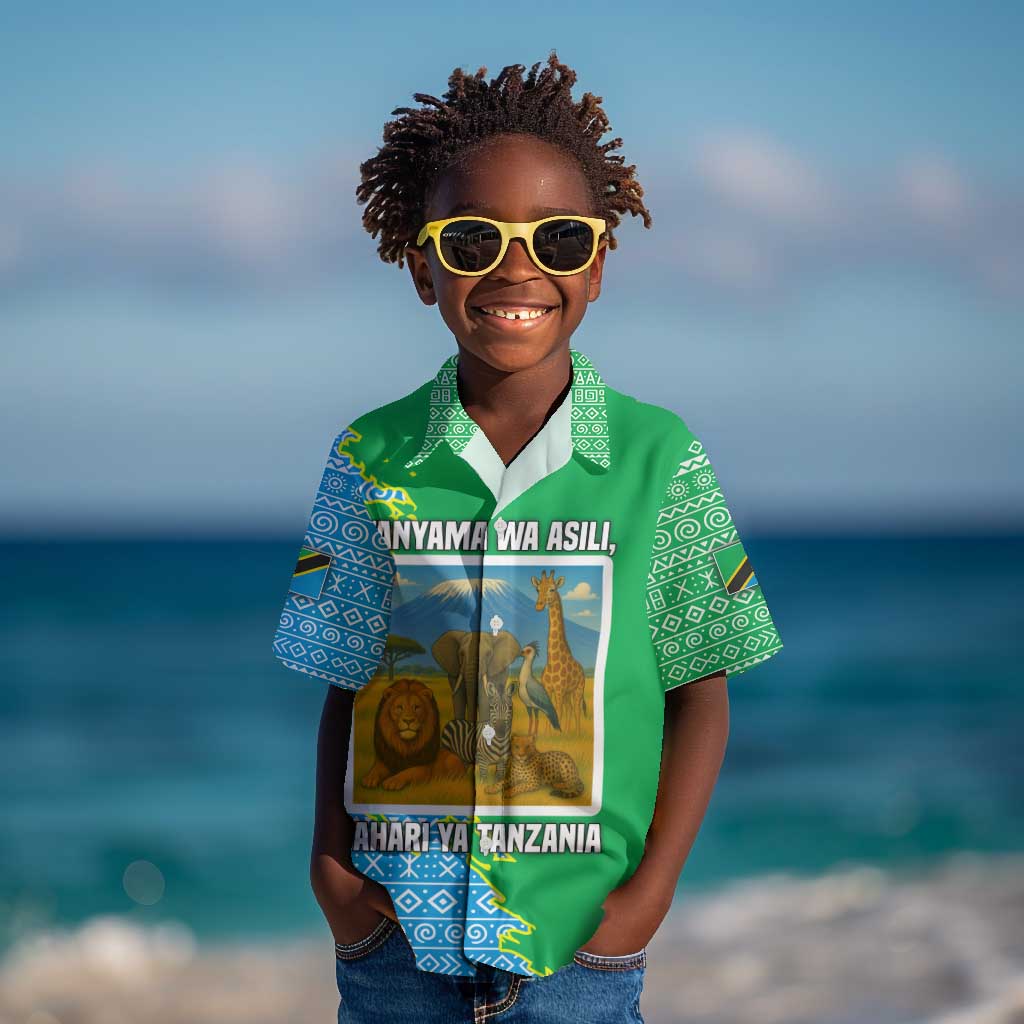 Tanzania Wildlife Kid Hawaiian Shirt - Tribal Print and Mount Kilimanjaro Safari Scene