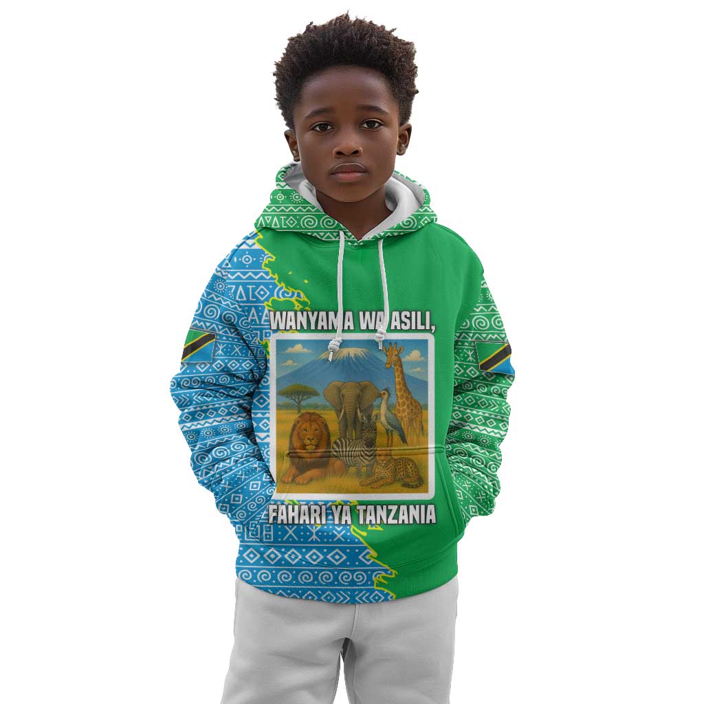 Tanzania Wildlife Kid Hoodie - Tribal Print and Mount Kilimanjaro Safari Scene