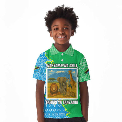 Tanzania Wildlife Kid Polo Shirt - Tribal Print and Mount Kilimanjaro Safari Scene