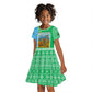 Tanzania Wildlife Kid Short Sleeve Dress - Tribal Print and Mount Kilimanjaro Safari Scene
