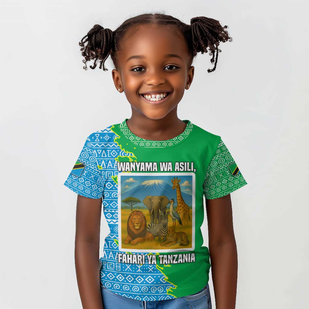 Tanzania Wildlife Kid T shirt - Tribal Print and Mount Kilimanjaro Safari Scene