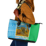 Tanzania Wildlife Leather Tote Bag - Tribal Print and Mount Kilimanjaro Safari Scene