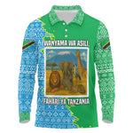 Tanzania Wildlife Long Sleeve Polo Shirt - Tribal Print and Mount Kilimanjaro Safari Scene