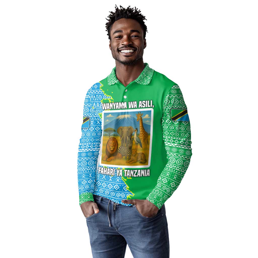 Tanzania Wildlife Long Sleeve Polo Shirt - Tribal Print and Mount Kilimanjaro Safari Scene