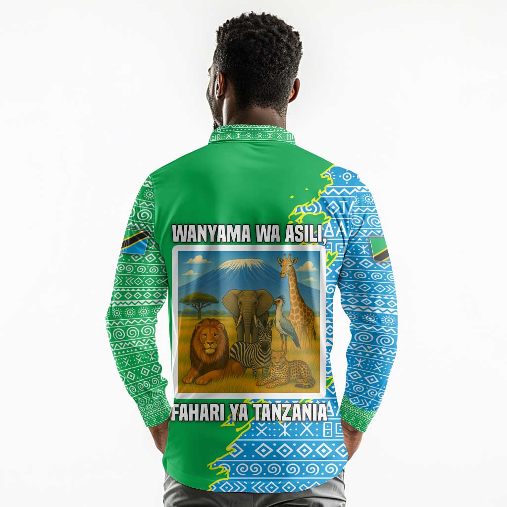 Tanzania Wildlife Long Sleeve Polo Shirt - Tribal Print and Mount Kilimanjaro Safari Scene