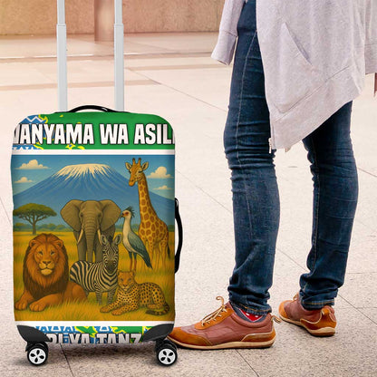 Tanzania Wildlife Luggage Cover - Tribal Print and Mount Kilimanjaro Safari Scene