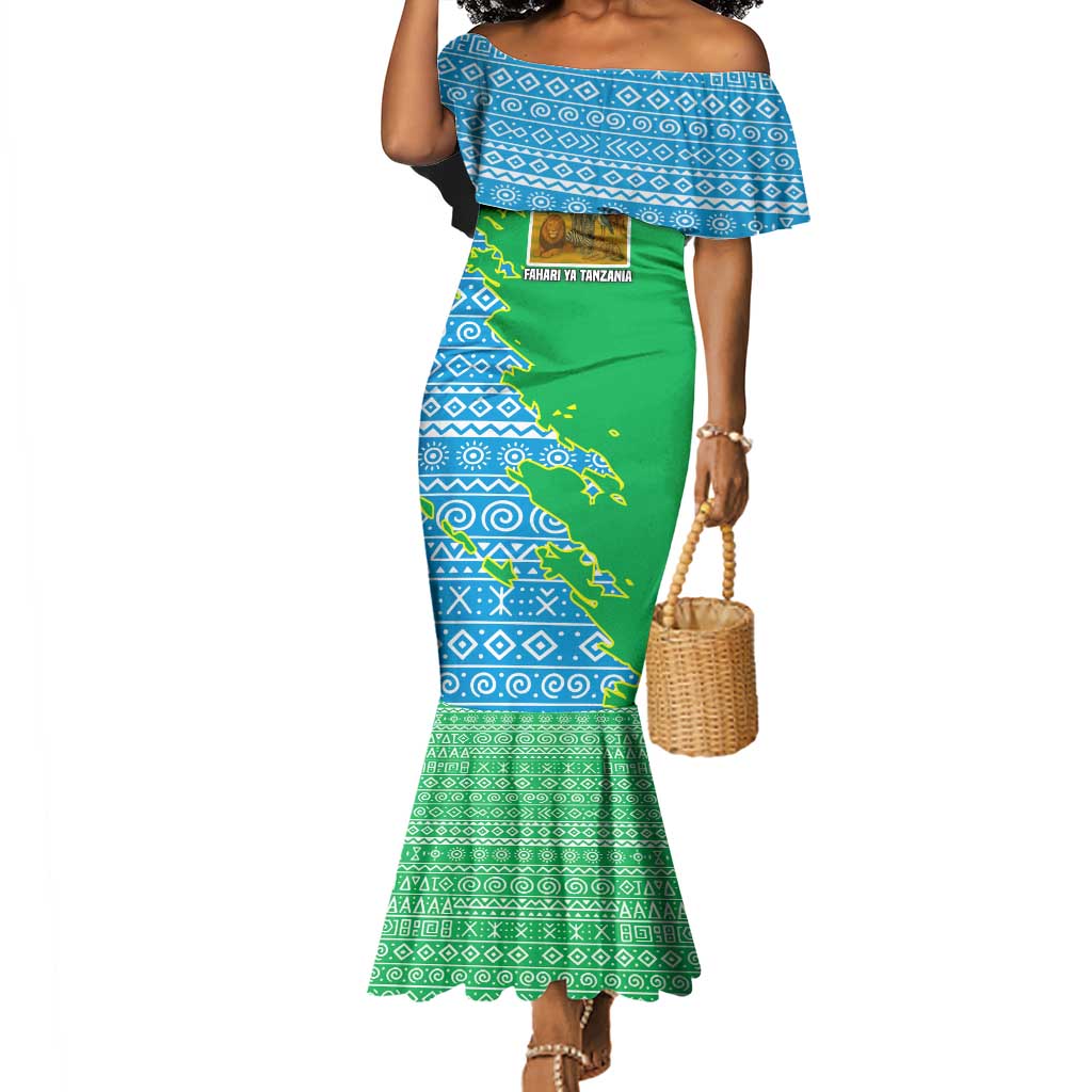 Tanzania Wildlife Mermaid Dress - Tribal Print and Mount Kilimanjaro Safari Scene