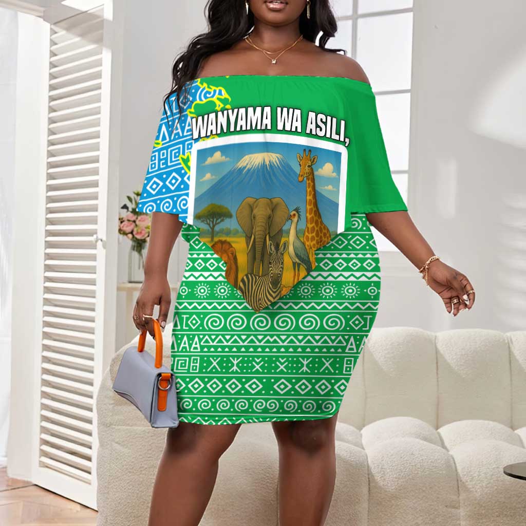 Tanzania Wildlife Off Shoulder Short Dress - Tribal Print and Mount Kilimanjaro Safari Scene