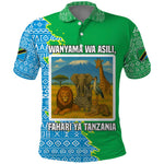 Tanzania Wildlife Polo Shirt - Tribal Print and Mount Kilimanjaro Safari Scene