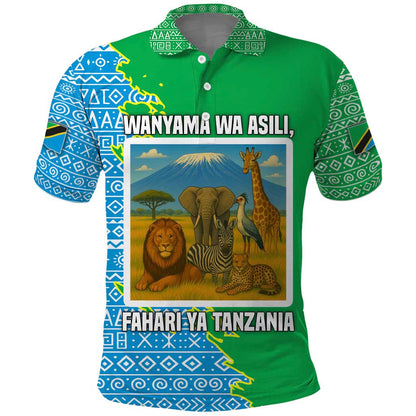 Tanzania Wildlife Polo Shirt - Tribal Print and Mount Kilimanjaro Safari Scene