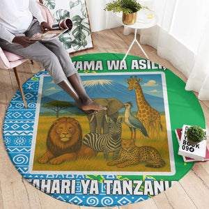 Tanzania Wildlife Round Carpet - Tribal Print and Mount Kilimanjaro Safari Scene