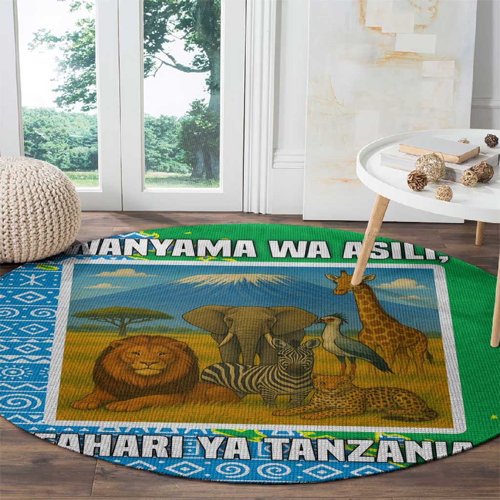 Tanzania Wildlife Round Carpet - Tribal Print and Mount Kilimanjaro Safari Scene