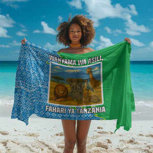Tanzania Wildlife Sarong - Tribal Print and Mount Kilimanjaro Safari Scene