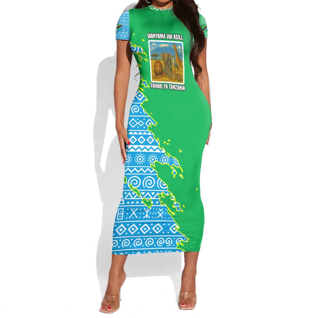 Tanzania Wildlife Short Sleeve Bodycon Dress - Tribal Print and Mount Kilimanjaro Safari Scene