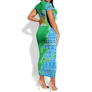 Tanzania Wildlife Short Sleeve Bodycon Dress - Tribal Print and Mount Kilimanjaro Safari Scene
