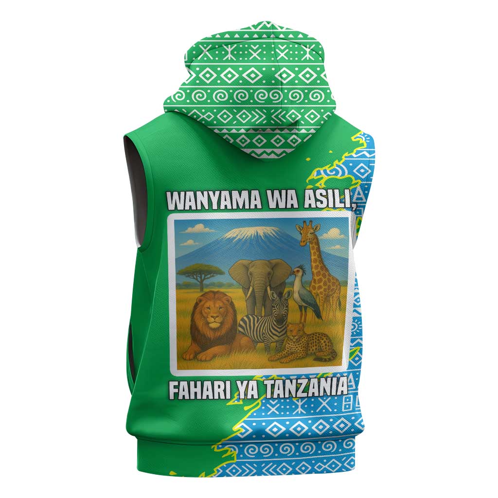 Tanzania Wildlife Sleeveless Hoodie - Tribal Print and Mount Kilimanjaro Safari Scene - African Pride
