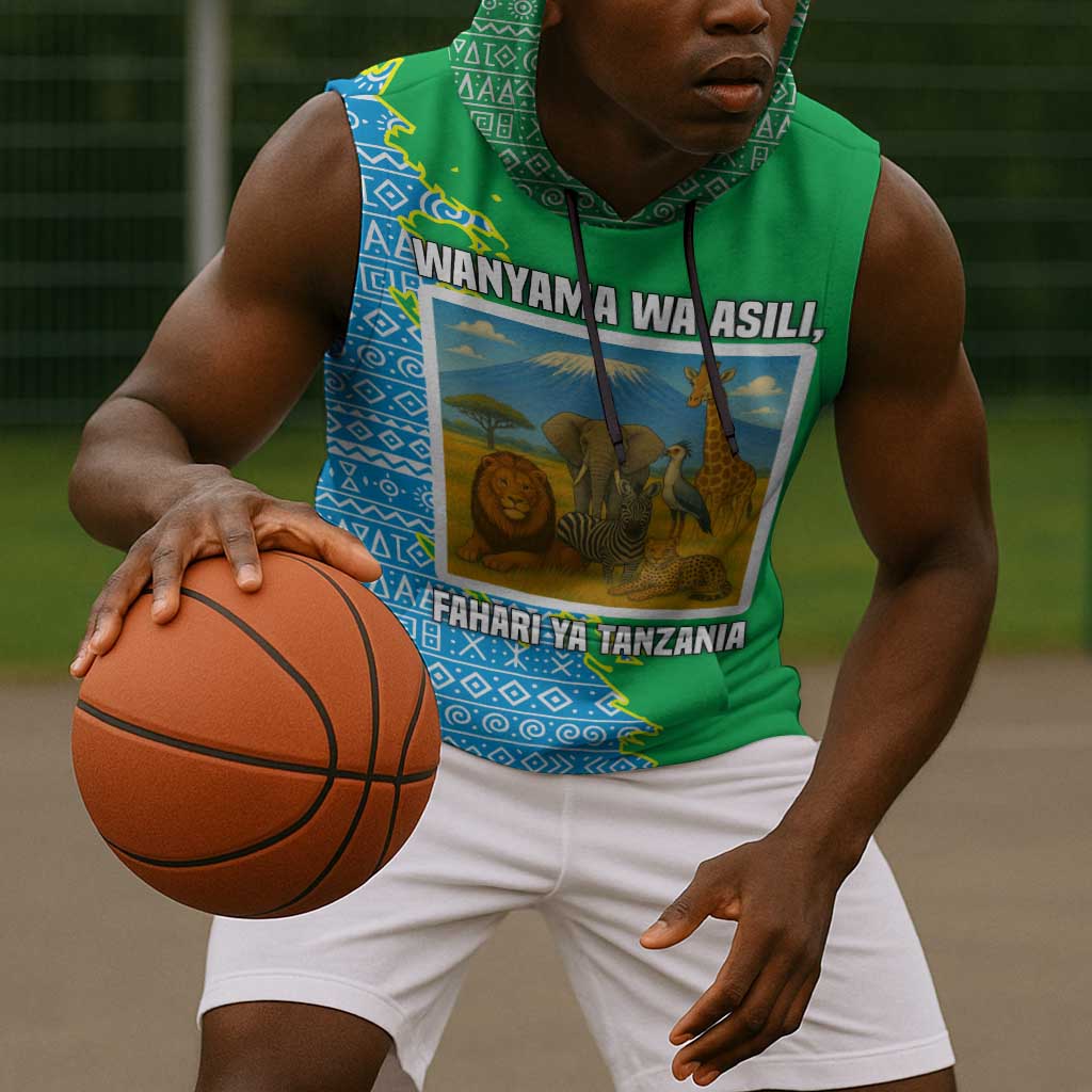 Tanzania Wildlife Sleeveless Hoodie - Tribal Print and Mount Kilimanjaro Safari Scene - African Pride
