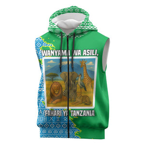 Tanzania Wildlife Sleeveless Zip Hoodie - Tribal Print and Mount Kilimanjaro Safari Scene - African Pride