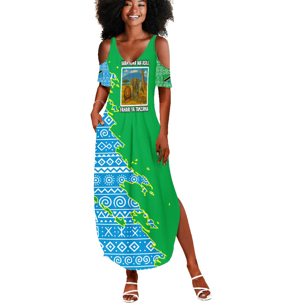 Tanzania Wildlife Summer Maxi Dress - Tribal Print and Mount Kilimanjaro Safari Scene