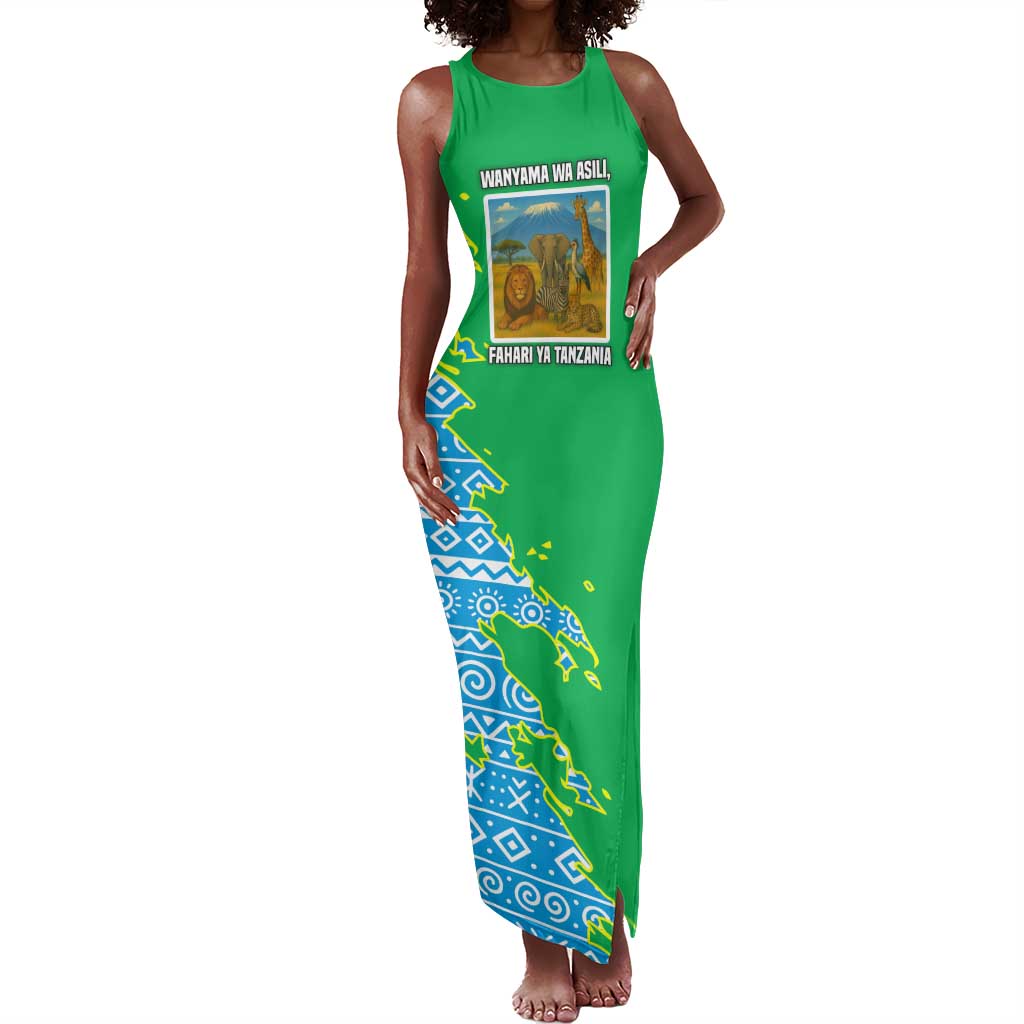Tanzania Wildlife Tank Maxi Dress - Tribal Print and Mount Kilimanjaro Safari Scene