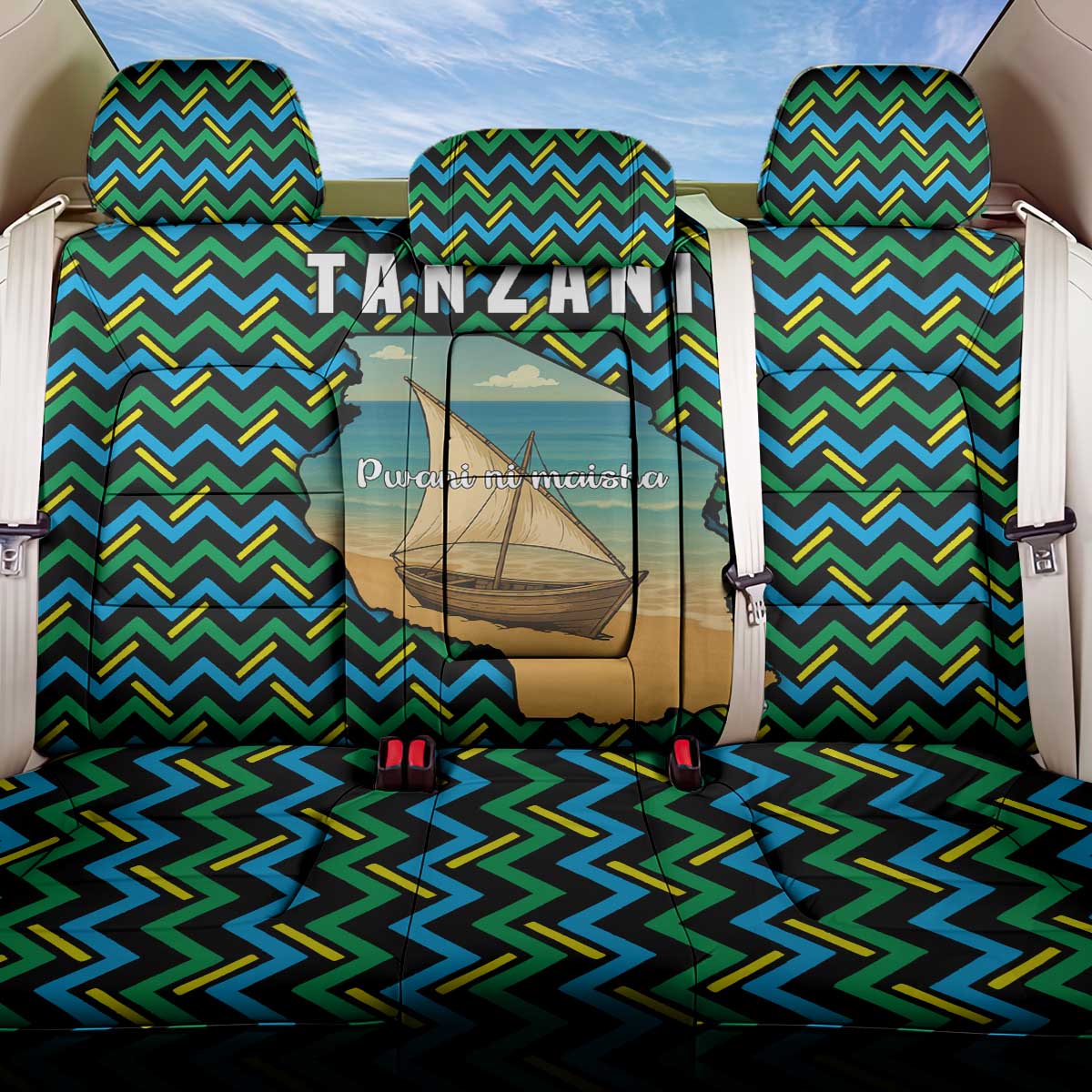 Tanzania Coastal Life Back Car Seat Cover - Swahili Dhow Boat and Tribal Pattern