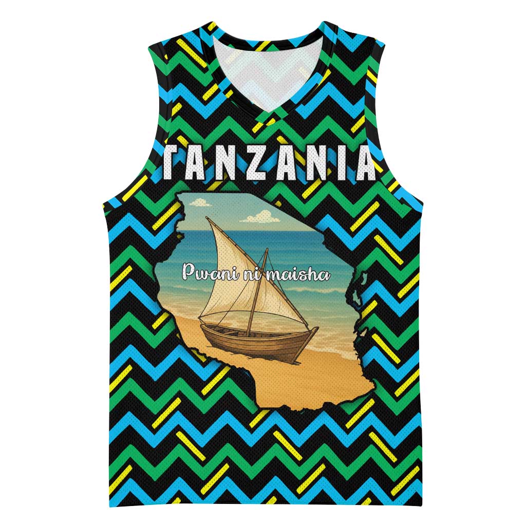 Tanzania Coastal Life Basketball Jersey - Swahili Dhow Boat and Tribal Pattern TS04