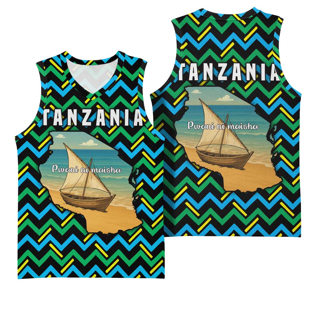 Tanzania Coastal Life Basketball Jersey - Swahili Dhow Boat and Tribal Pattern TS04