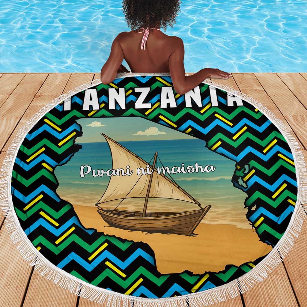 Tanzania Coastal Life Beach Blanket - Swahili Dhow Boat and Tribal Pattern