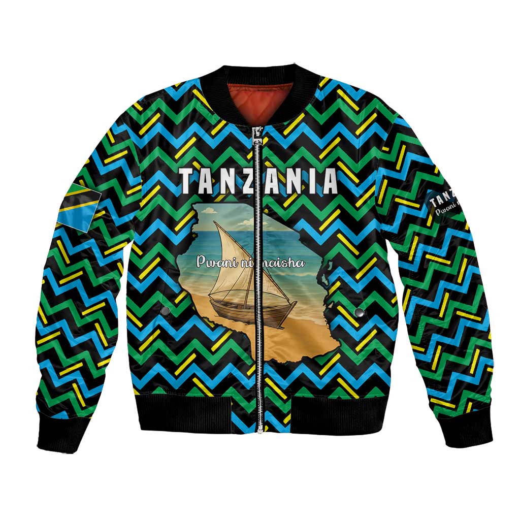 Tanzania Coastal Life Bomber Jacket - Swahili Dhow Boat and Tribal Pattern