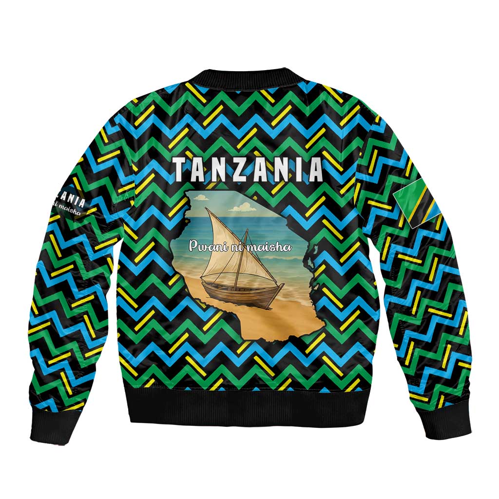 Tanzania Coastal Life Bomber Jacket - Swahili Dhow Boat and Tribal Pattern