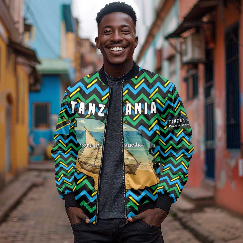 Tanzania Coastal Life Bomber Jacket - Swahili Dhow Boat and Tribal Pattern