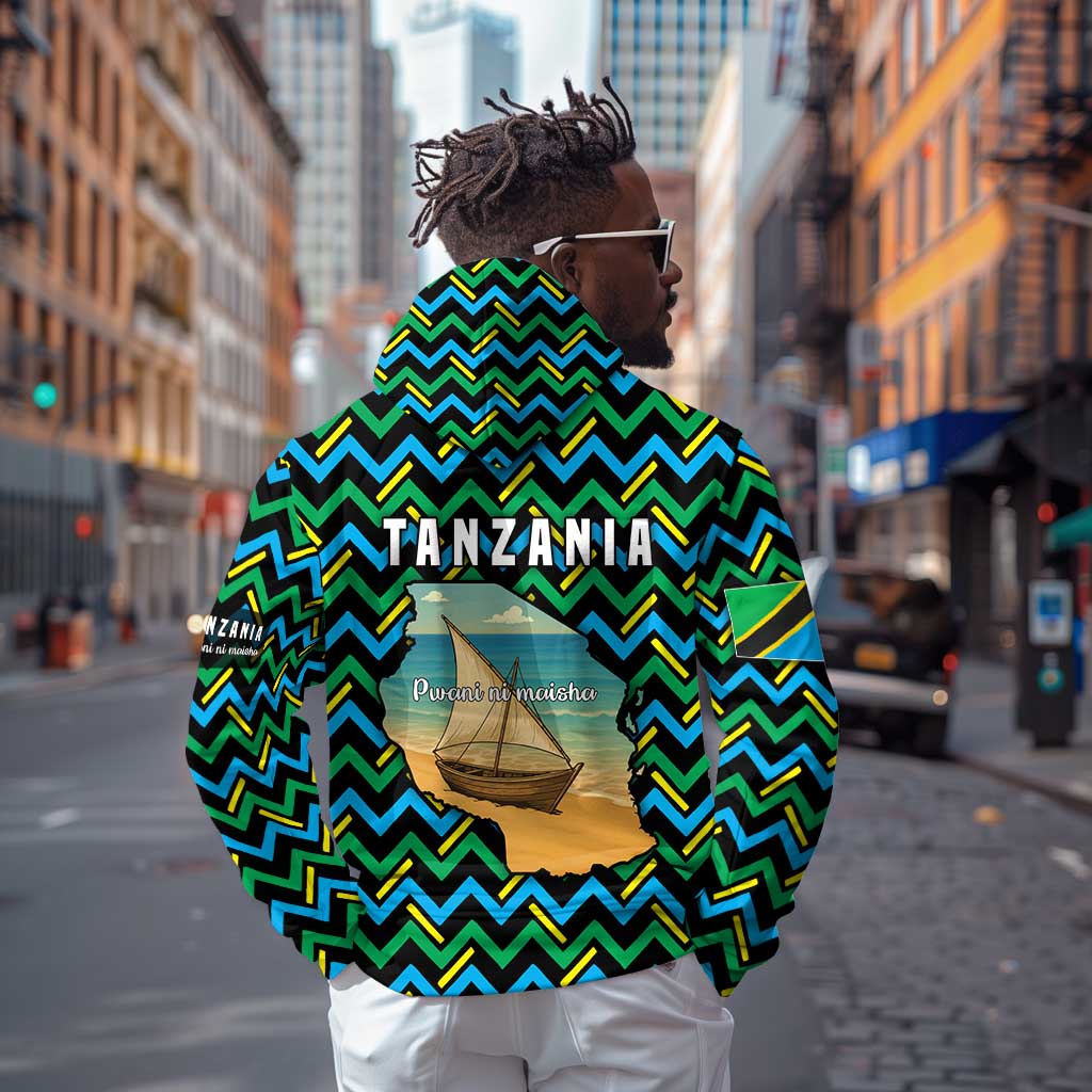 Tanzania Coastal Life Hoodie - Swahili Dhow Boat and Tribal Pattern