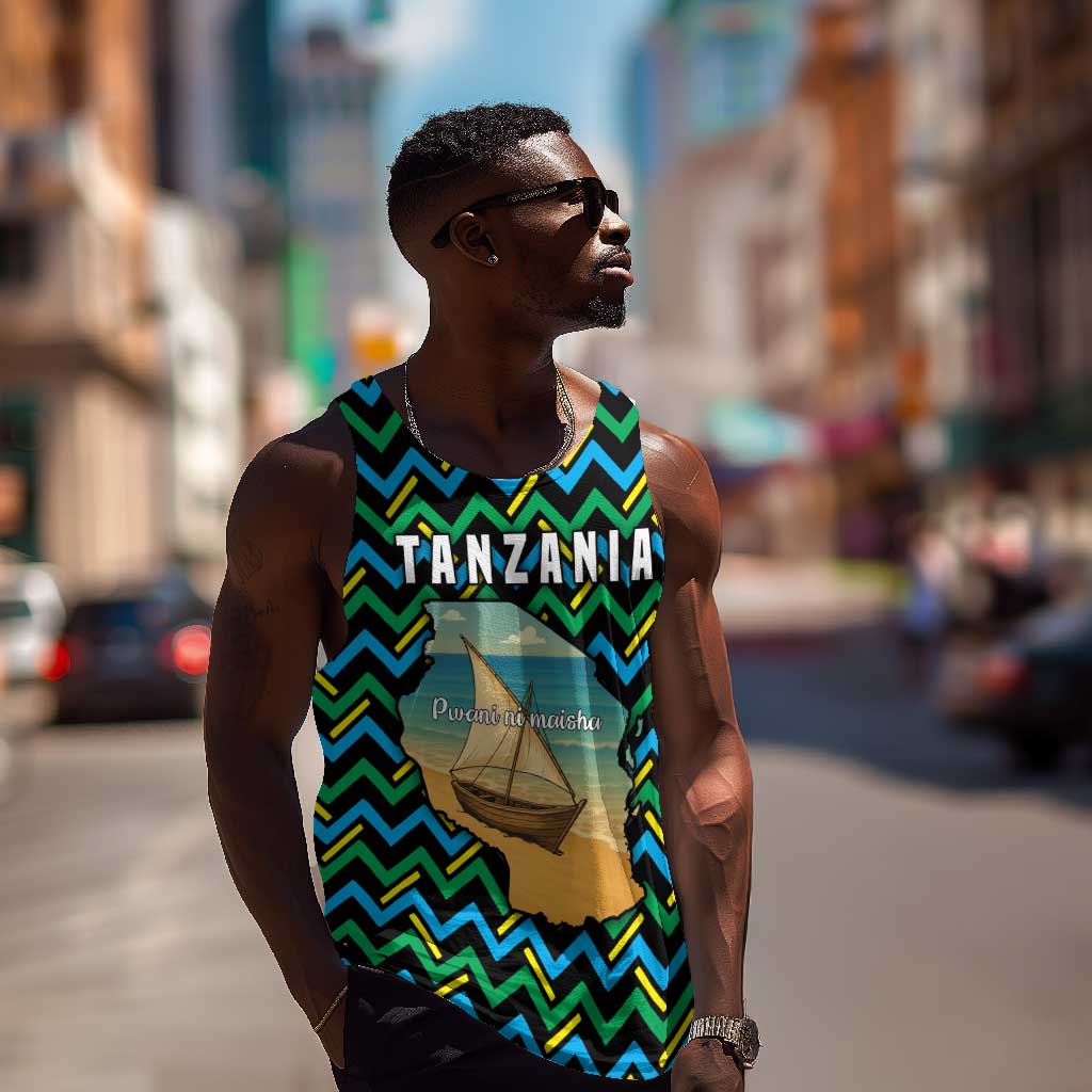 Tanzania Coastal Life Men Tank Top - Swahili Dhow Boat and Tribal Pattern