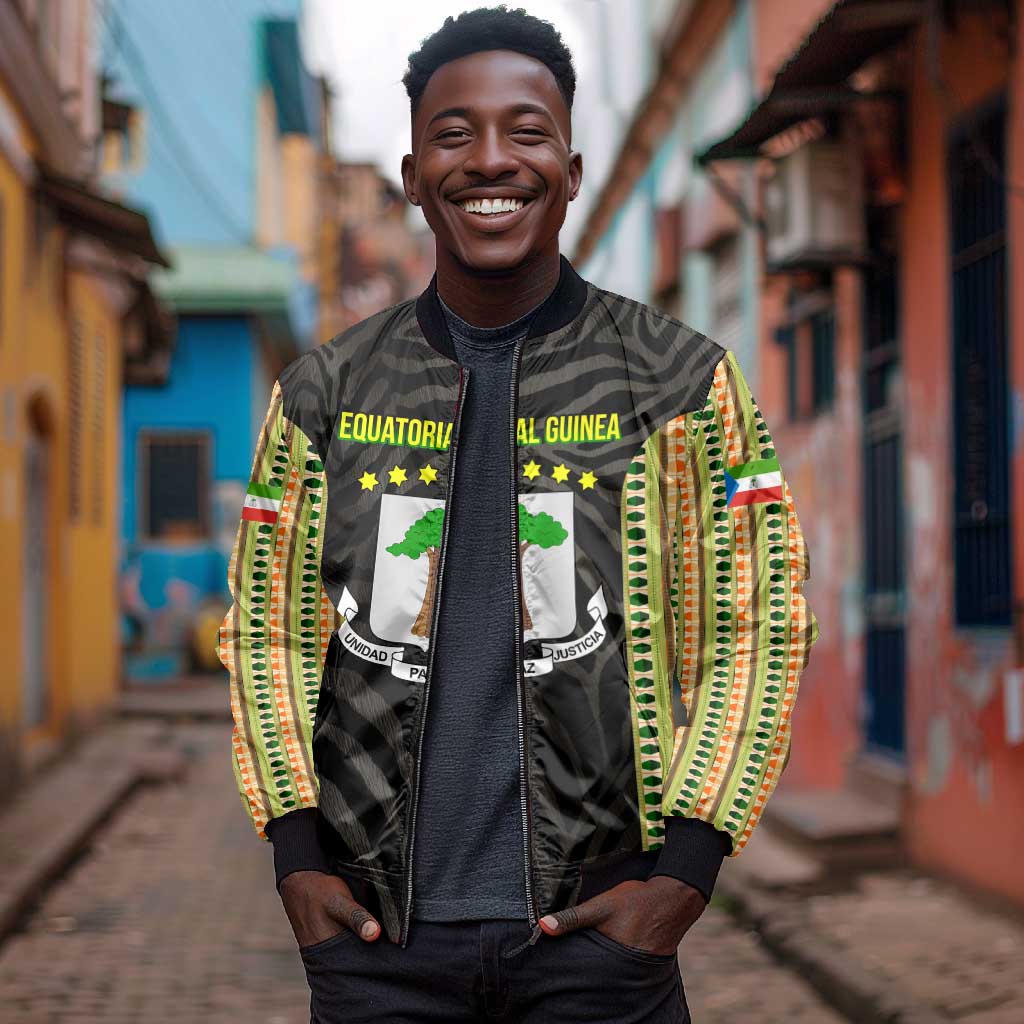 Equatorial Guinea Heritage Bomber Jacket - National Emblem and Tribal Zebra Print