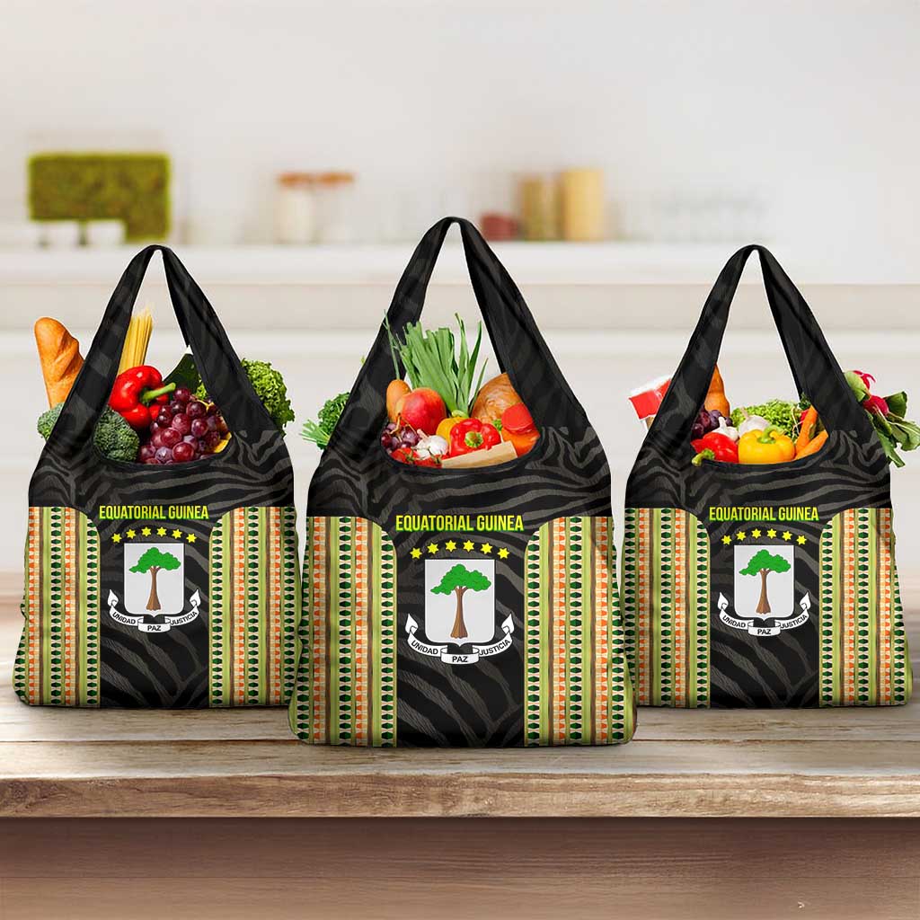 Equatorial Guinea Heritage Grocery Bag - National Emblem and Tribal Zebra Print