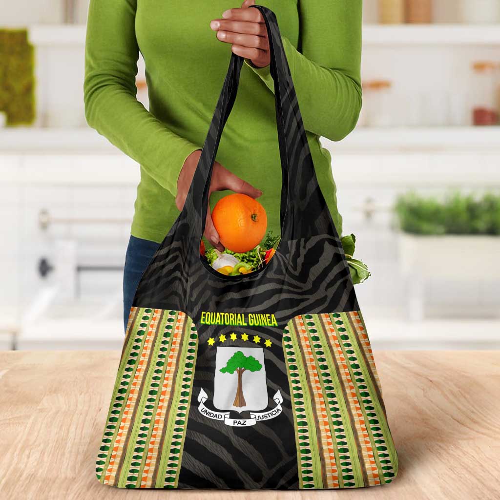 Equatorial Guinea Heritage Grocery Bag - National Emblem and Tribal Zebra Print