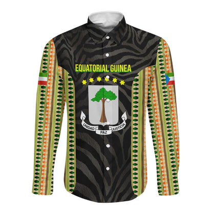 Equatorial Guinea Heritage Long Sleeve Button Shirt - National Emblem and Tribal Zebra Print