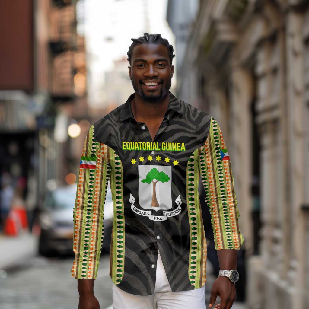 Equatorial Guinea Heritage Long Sleeve Button Shirt - National Emblem and Tribal Zebra Print
