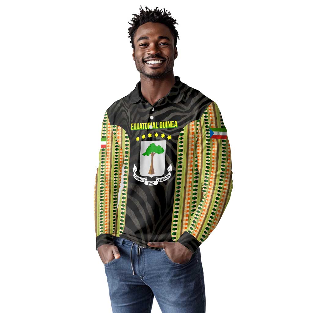 Equatorial Guinea Heritage Long Sleeve Polo Shirt - National Emblem and Tribal Zebra Print