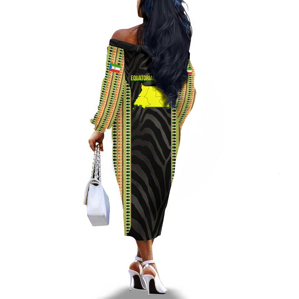 Equatorial Guinea Heritage Off The Shoulder Long Sleeve Dress - National Emblem and Tribal Zebra Print