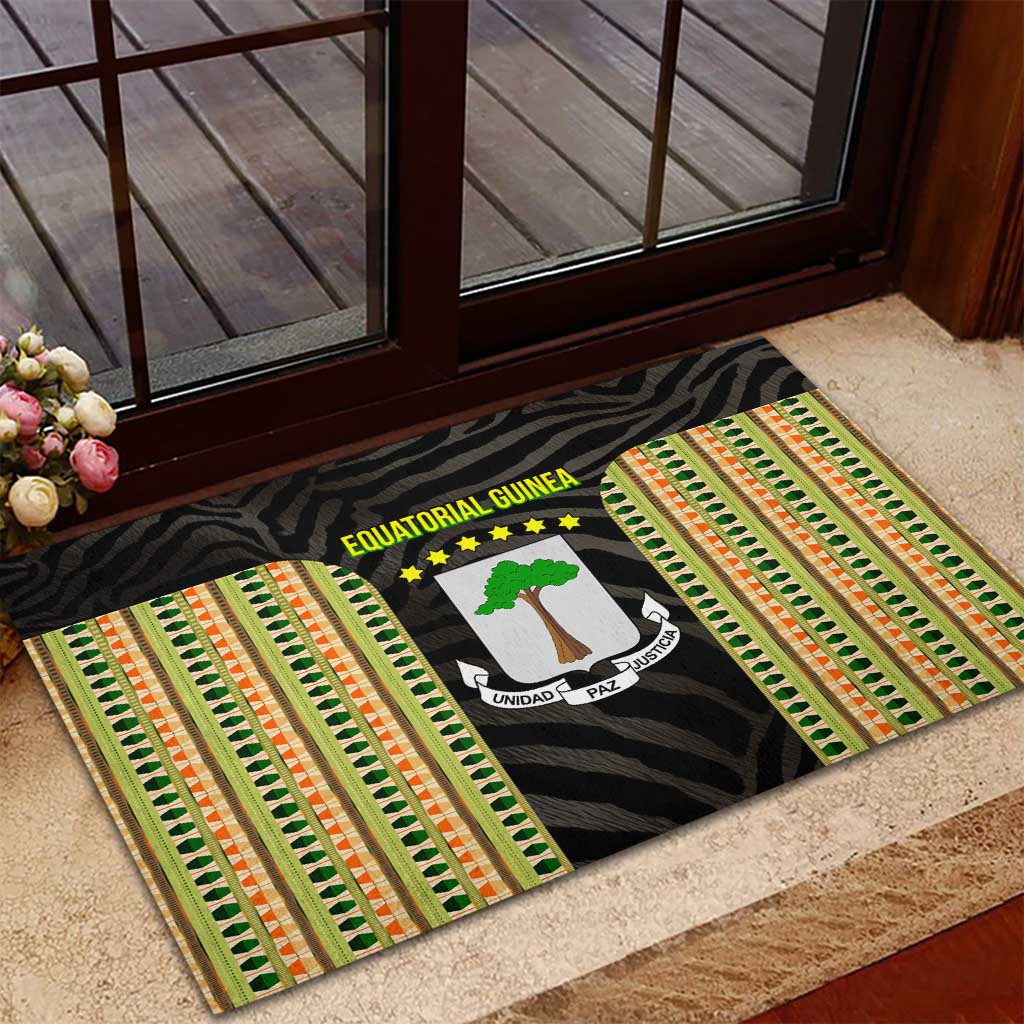 Equatorial Guinea Heritage Rubber Doormat - National Emblem and Tribal Zebra Print