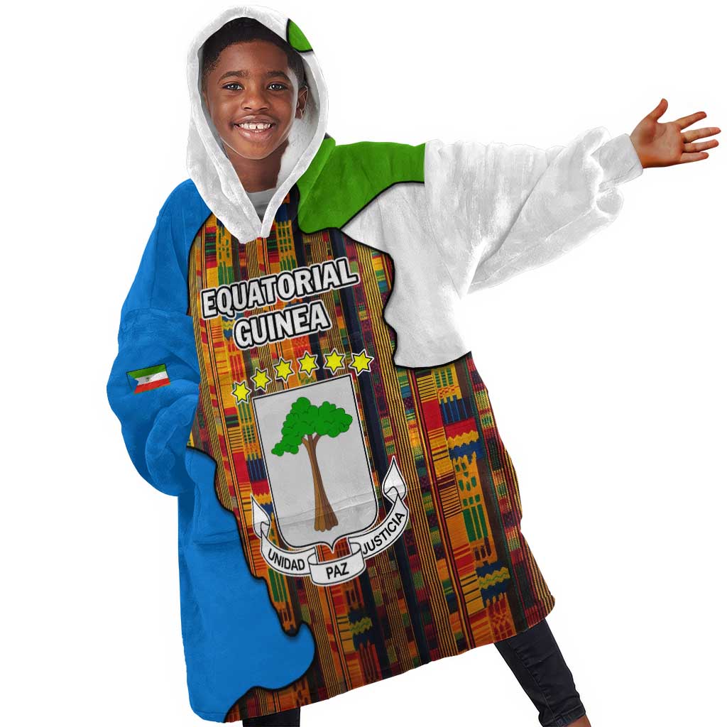 Equatorial Guinea Kente Kid Wearable Blanket Hoodie - Tribal Mask and National Coat of Arms