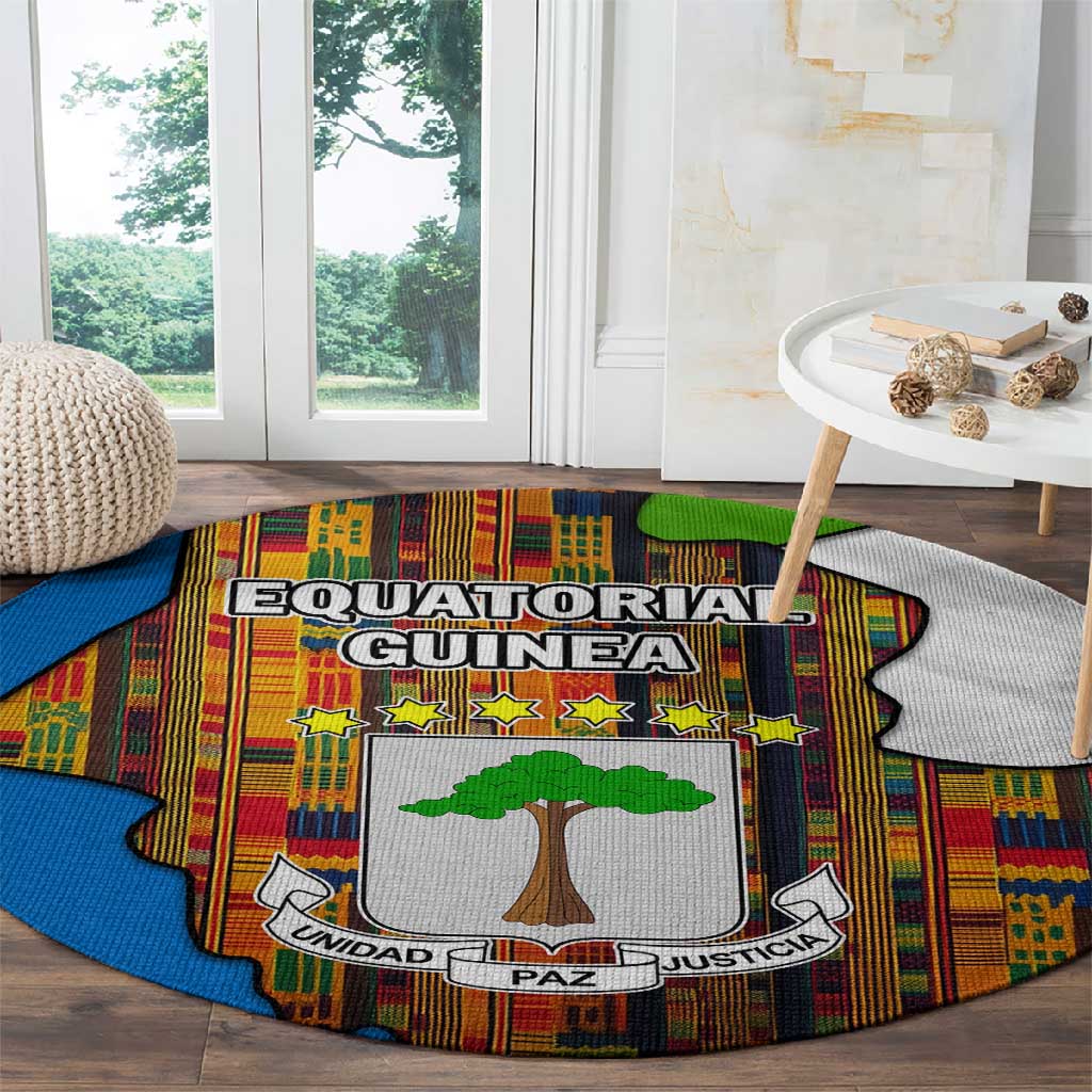 Equatorial Guinea Kente Round Carpet - Tribal Mask and National Coat of Arms