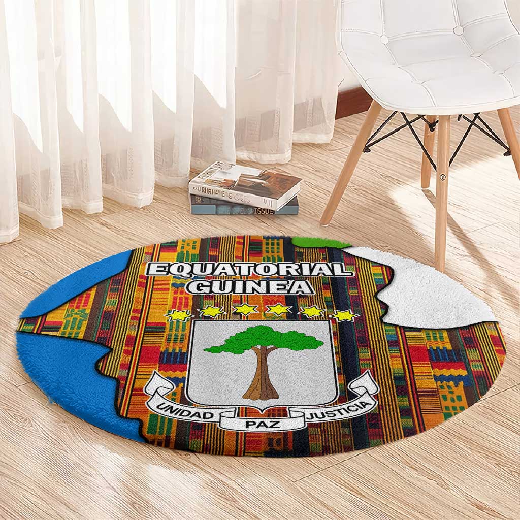 Equatorial Guinea Kente Round Carpet - Tribal Mask and National Coat of Arms