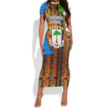 Equatorial Guinea Kente Short Sleeve Bodycon Dress - Tribal Mask and National Coat of Arms